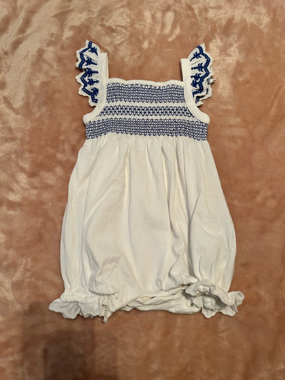 Ralph Lauren White Romper with Navy Smocked Detail
